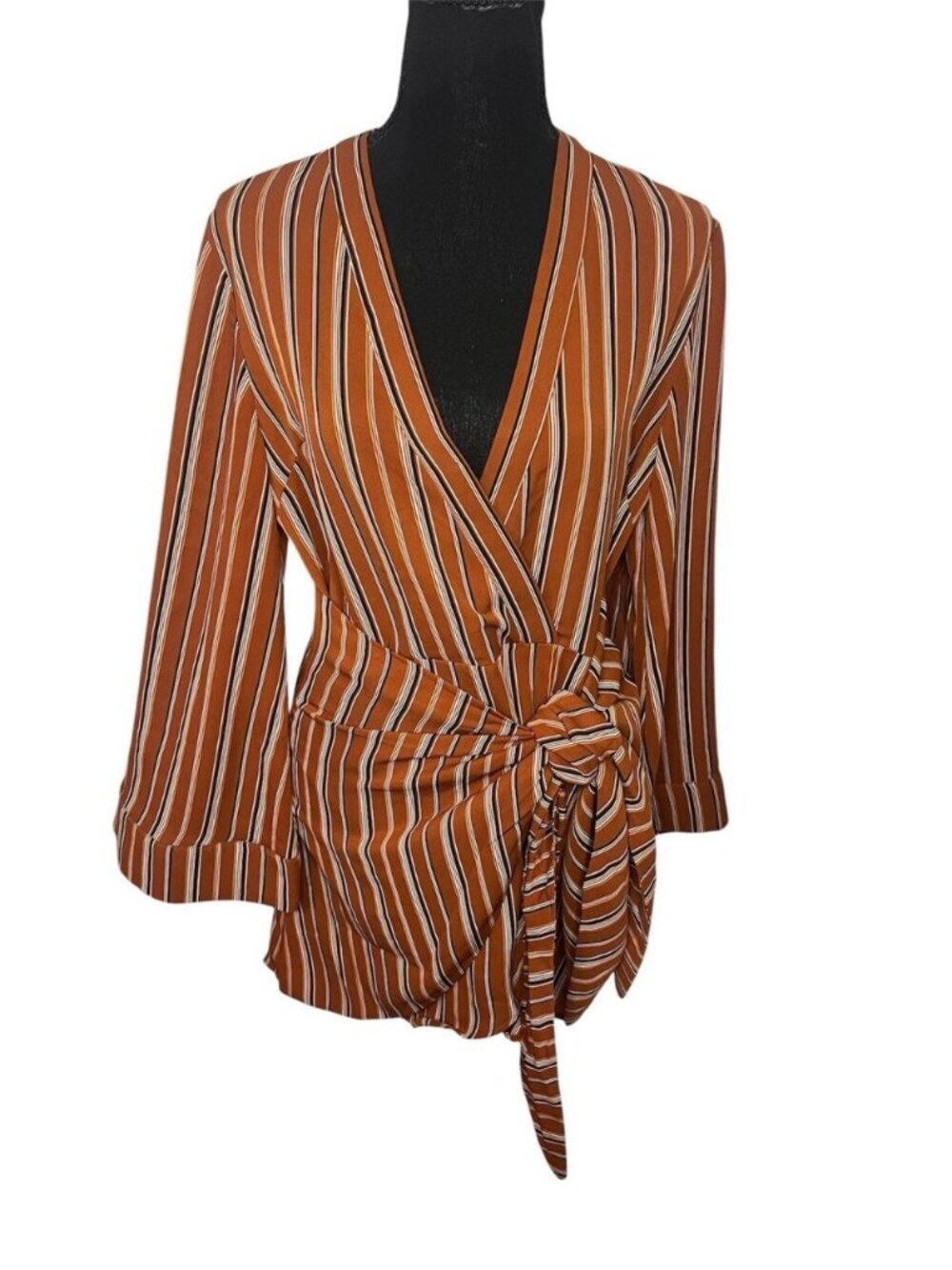Storia Mini Wrap Shirt Dress Brown Stripes Sz S Flare Sleeves Tunic V Neck